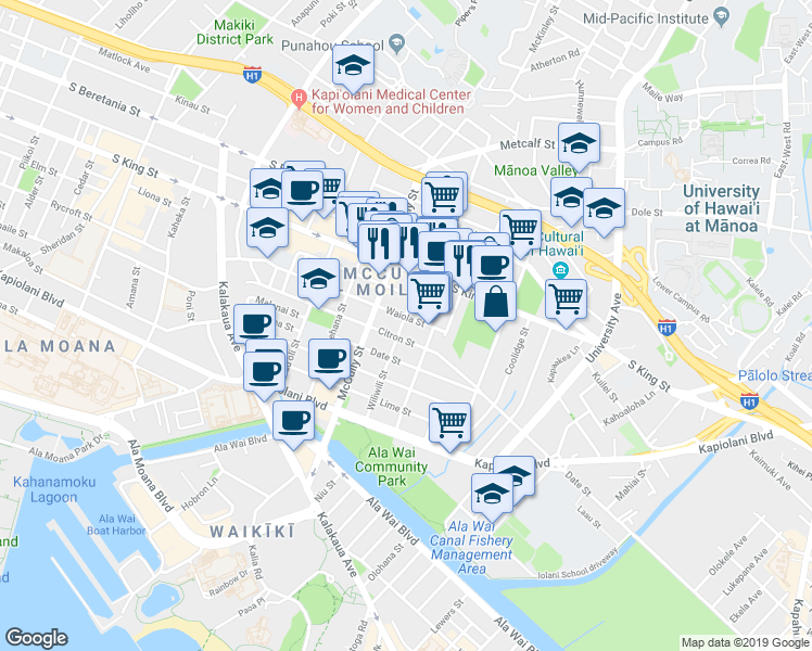 map of restaurants, bars, coffee shops, grocery stores, and more near 836 Wiliwili Street in Honolulu