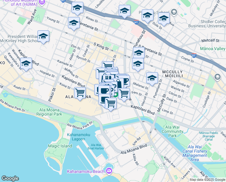 map of restaurants, bars, coffee shops, grocery stores, and more near 1610 Makaloa Street in Honolulu