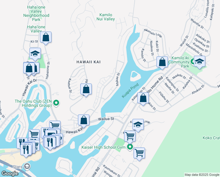 map of restaurants, bars, coffee shops, grocery stores, and more near 7232 Kuaehu Street in Honolulu