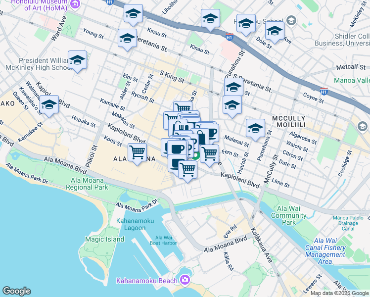map of restaurants, bars, coffee shops, grocery stores, and more near 1610 Makaloa Street in Honolulu