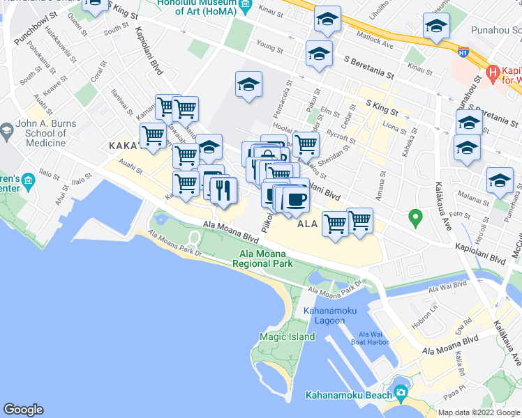 map of restaurants, bars, coffee shops, grocery stores, and more near 88 Piikoi Street in Honolulu