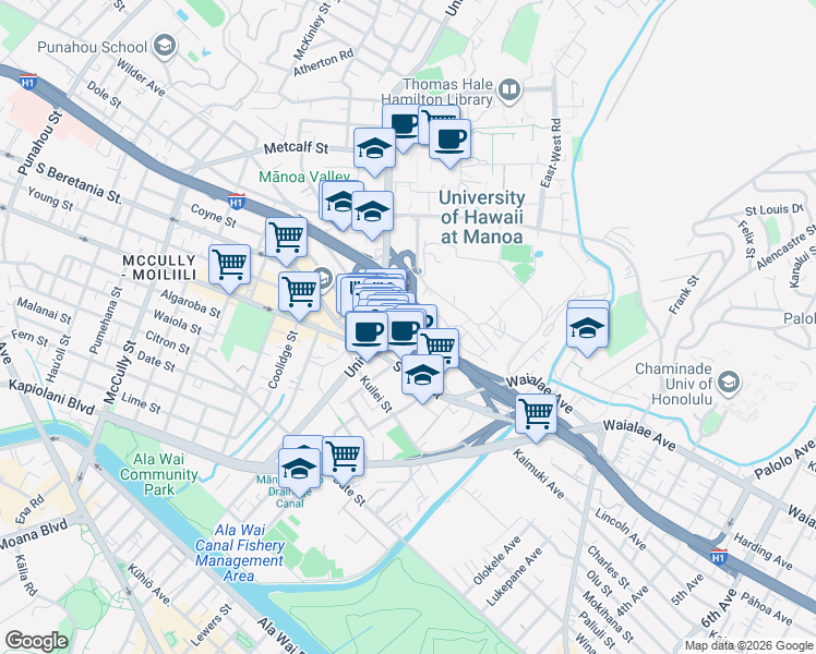 map of restaurants, bars, coffee shops, grocery stores, and more near 1019 University Avenue in Honolulu