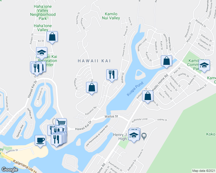 map of restaurants, bars, coffee shops, grocery stores, and more near 7151 Hawaii Kai Drive in Honolulu