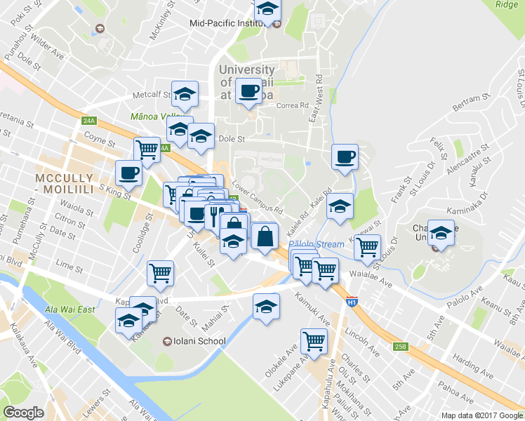 map of restaurants, bars, coffee shops, grocery stores, and more near 2805 Varsity Circle in Honolulu