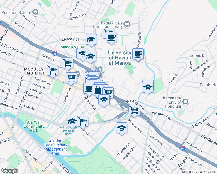map of restaurants, bars, coffee shops, grocery stores, and more near 2723 Kolo Place in Honolulu