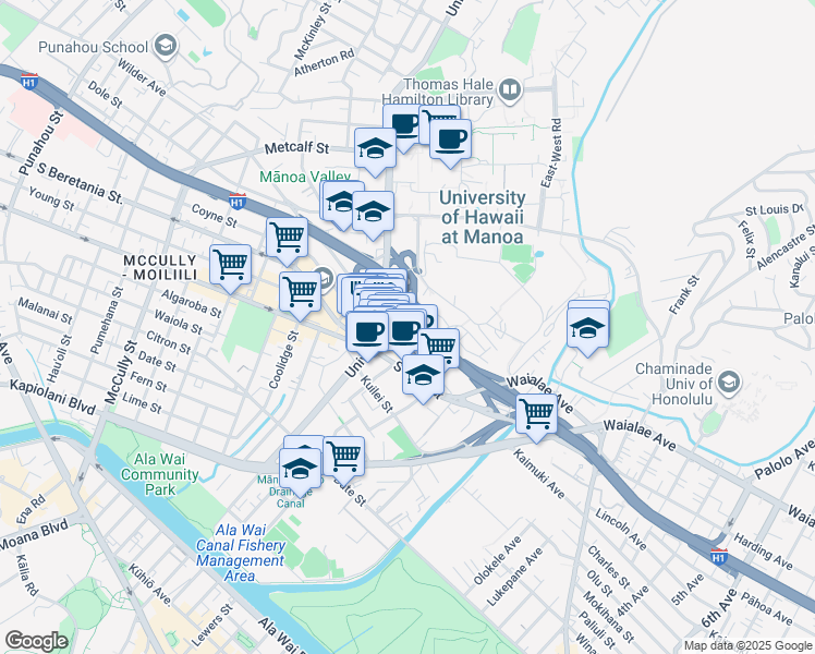 map of restaurants, bars, coffee shops, grocery stores, and more near 2600 South King Street in Honolulu