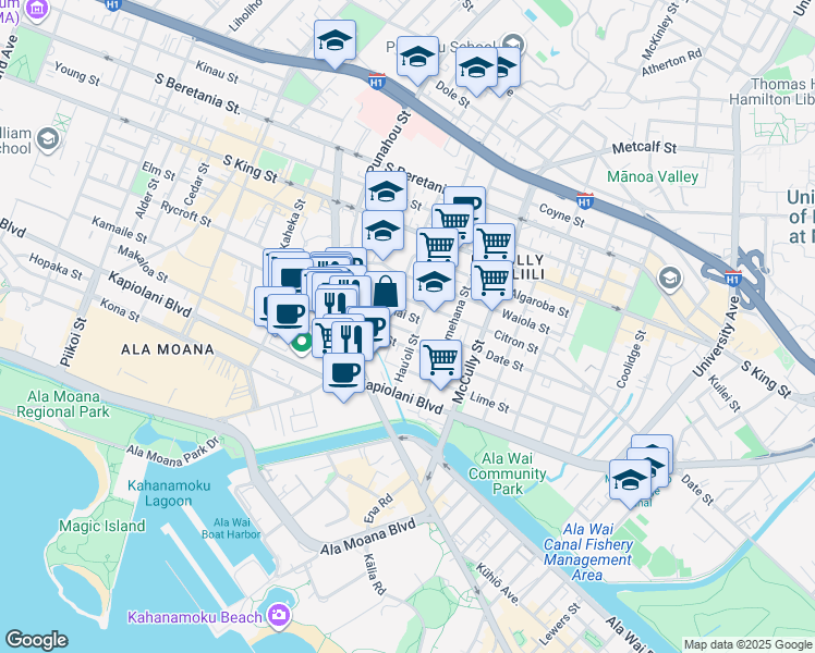 map of restaurants, bars, coffee shops, grocery stores, and more near 1743 Nanea Street in Honolulu