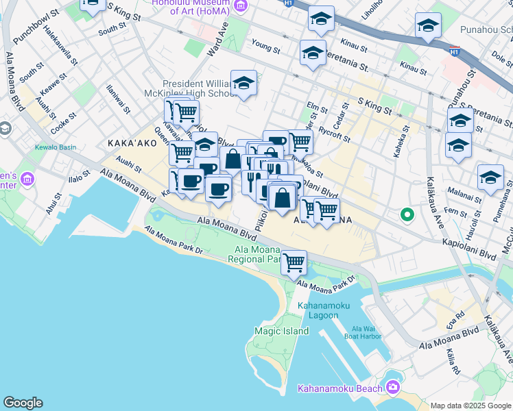 map of restaurants, bars, coffee shops, grocery stores, and more near 88 Piikoi Street in Honolulu