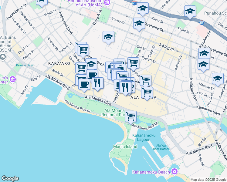 map of restaurants, bars, coffee shops, grocery stores, and more near 88 Piikoi Street in Honolulu