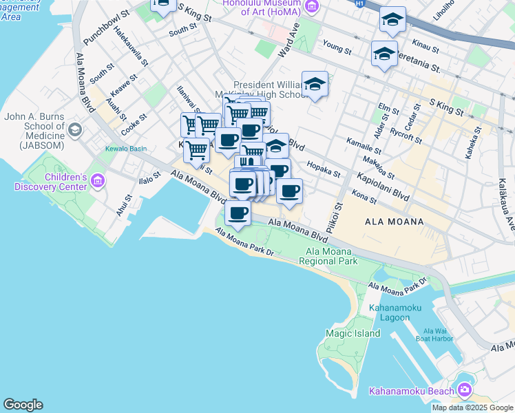 map of restaurants, bars, coffee shops, grocery stores, and more near 1200 Ala Moana Boulevard in Honolulu