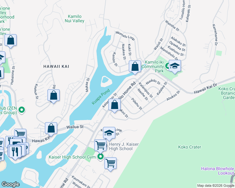 map of restaurants, bars, coffee shops, grocery stores, and more near 7182 Koamano Street in Honolulu