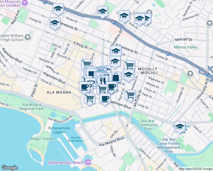 map of restaurants, bars, coffee shops, grocery stores, and more near 1624 Fern Street in Honolulu