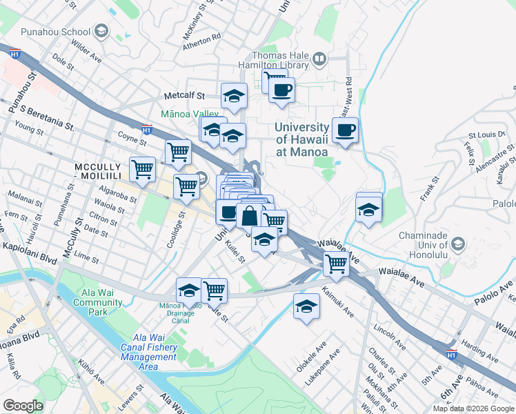 map of restaurants, bars, coffee shops, grocery stores, and more near 2723 Kolo Place in Honolulu