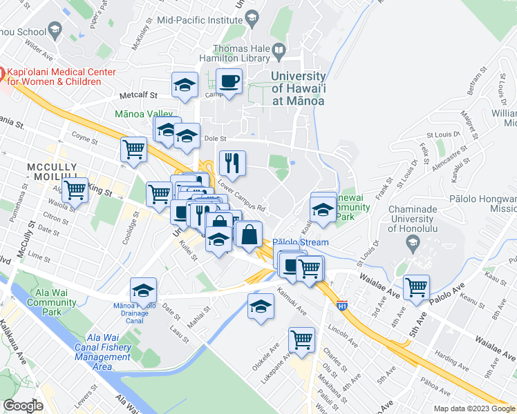 map of restaurants, bars, coffee shops, grocery stores, and more near 1105 Lower Campus Road in Honolulu