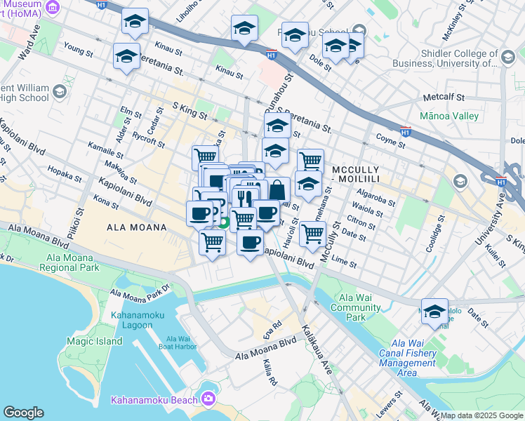 map of restaurants, bars, coffee shops, grocery stores, and more near in Honolulu
