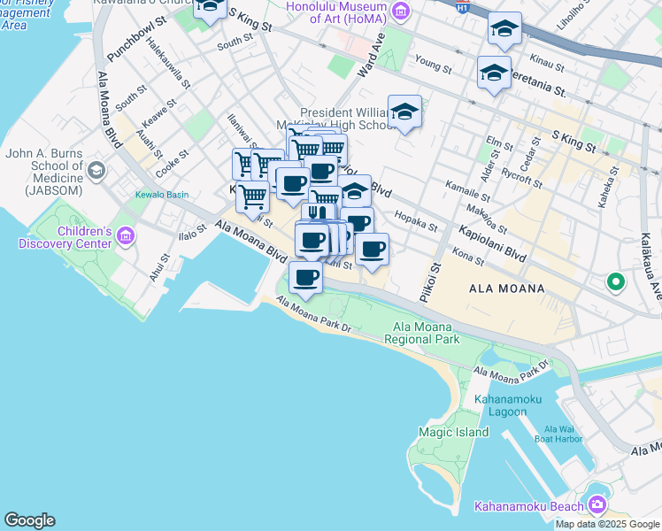 map of restaurants, bars, coffee shops, grocery stores, and more near 1200 Ala Moana Boulevard in Honolulu