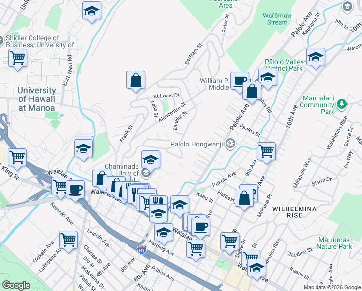 map of restaurants, bars, coffee shops, grocery stores, and more near 1509 Kaminaka Drive in Honolulu