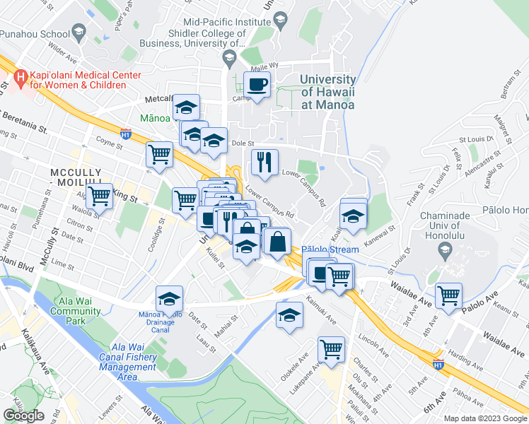 map of restaurants, bars, coffee shops, grocery stores, and more near 2805 Varsity Circle in Honolulu