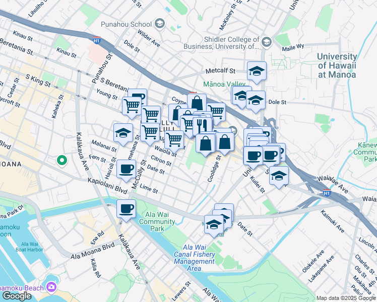 map of restaurants, bars, coffee shops, grocery stores, and more near 2237 South King Street in Honolulu
