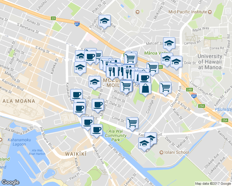 map of restaurants, bars, coffee shops, grocery stores, and more near 836 Wiliwili Street in Honolulu