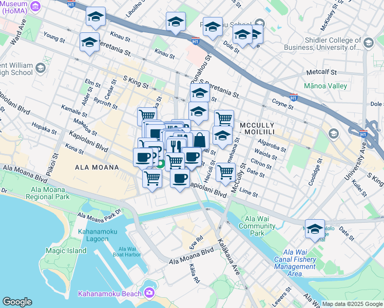 map of restaurants, bars, coffee shops, grocery stores, and more near in Honolulu