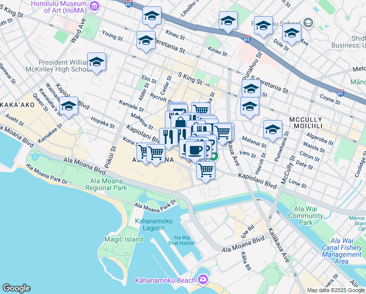 map of restaurants, bars, coffee shops, grocery stores, and more near 1560 Kapiolani Boulevard in Honolulu
