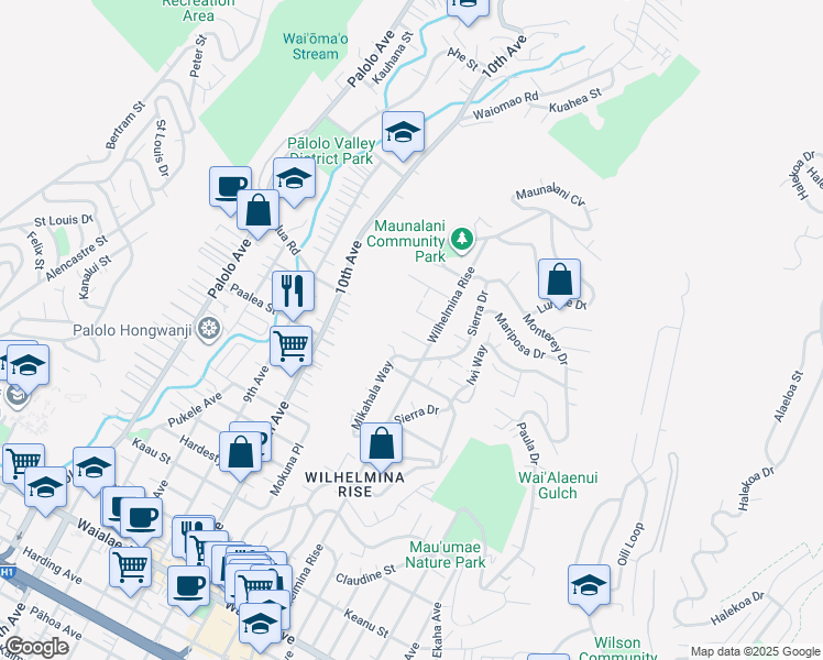 map of restaurants, bars, coffee shops, grocery stores, and more near 3675 Hilo Place in Honolulu