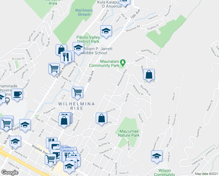 map of restaurants, bars, coffee shops, grocery stores, and more near 3675 Hilo Place in Honolulu