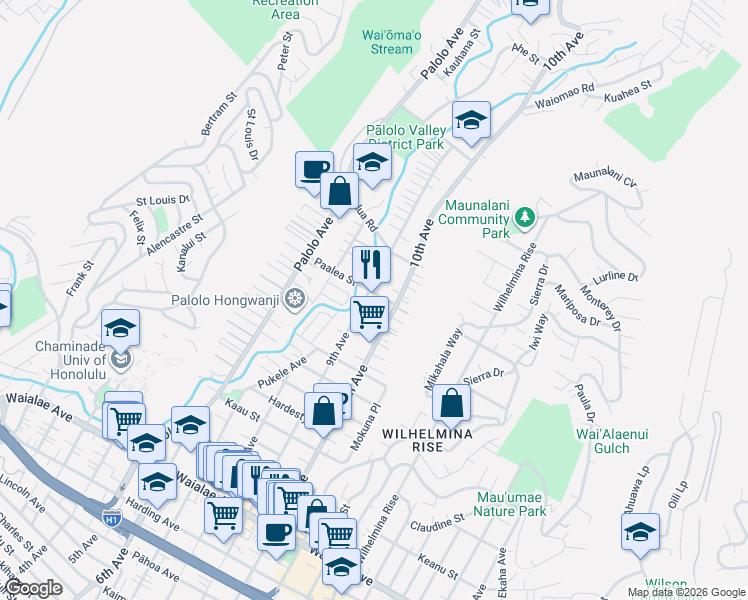 map of restaurants, bars, coffee shops, grocery stores, and more near 1727A 9th Avenue in Honolulu