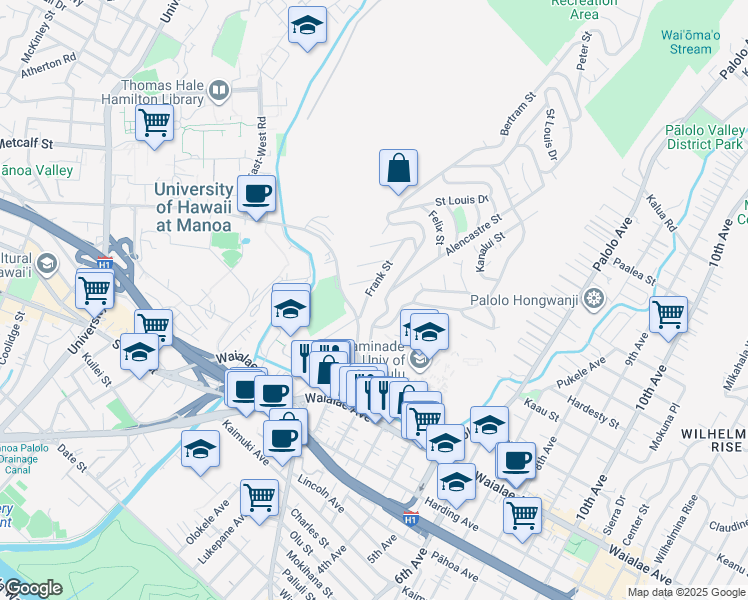map of restaurants, bars, coffee shops, grocery stores, and more near 1370 Kaminaka Drive in Honolulu