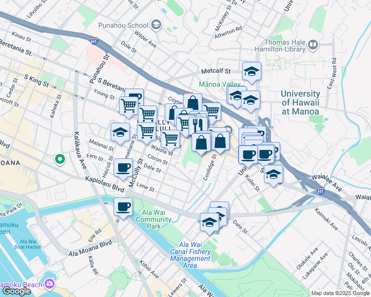 map of restaurants, bars, coffee shops, grocery stores, and more near 2237 South King Street in Honolulu