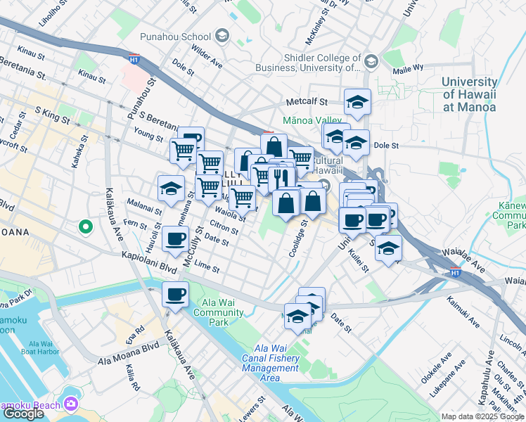 map of restaurants, bars, coffee shops, grocery stores, and more near 927 Makahiki Way in Honolulu