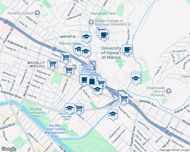 map of restaurants, bars, coffee shops, grocery stores, and more near 2642 Varsity Place in Honolulu