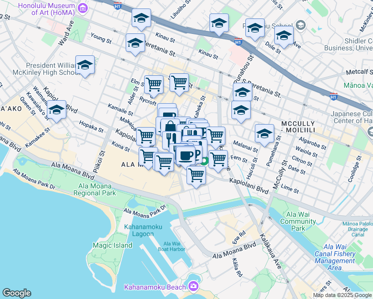 map of restaurants, bars, coffee shops, grocery stores, and more near 1560 Kapiolani Boulevard in Honolulu