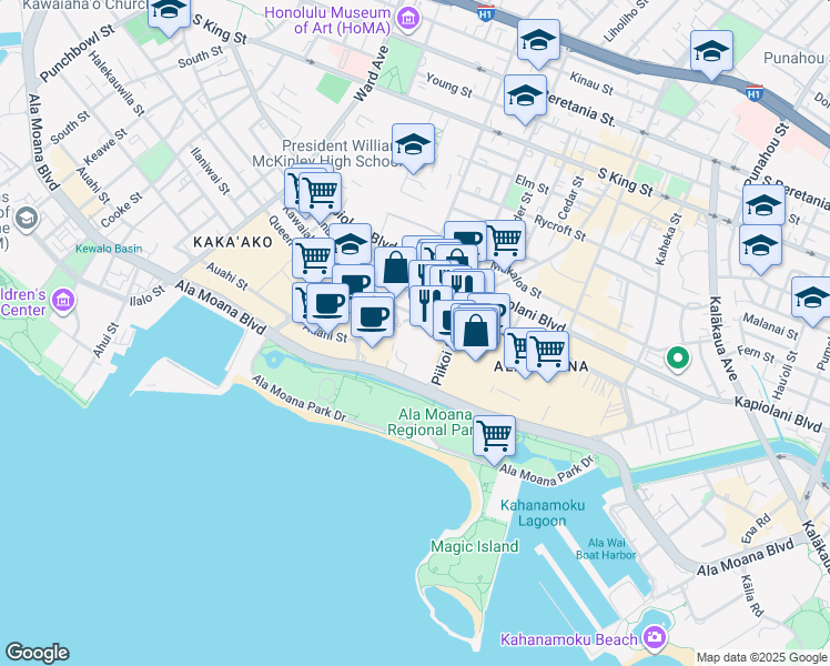 map of restaurants, bars, coffee shops, grocery stores, and more near 1189 Waimanu Street in Honolulu