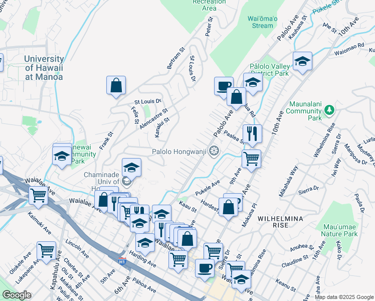 map of restaurants, bars, coffee shops, grocery stores, and more near 3261 Palolo Terrace Place in Honolulu