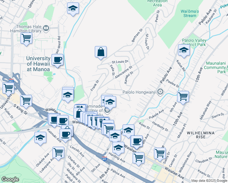 map of restaurants, bars, coffee shops, grocery stores, and more near 1411 Kaminaka Drive in Honolulu