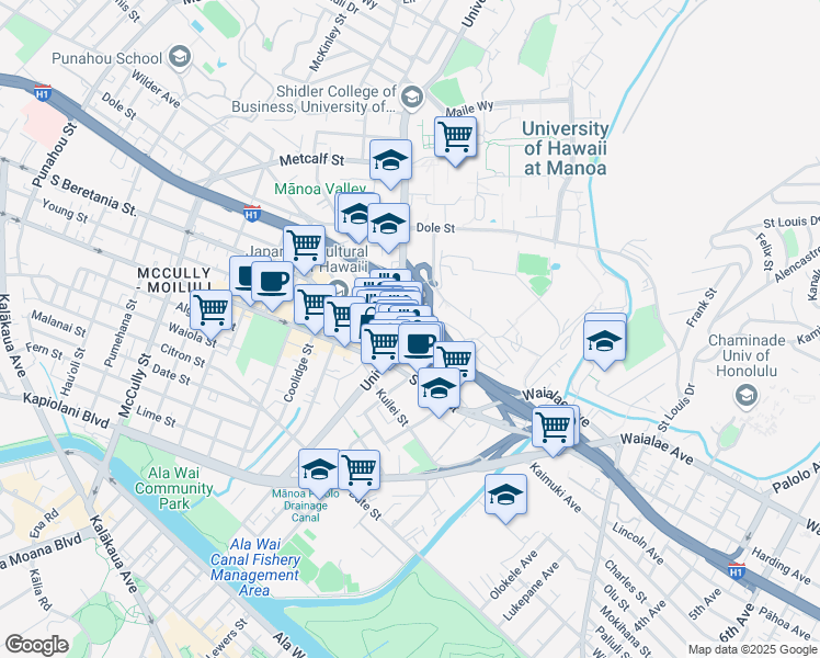 map of restaurants, bars, coffee shops, grocery stores, and more near 1019 University Avenue in Honolulu