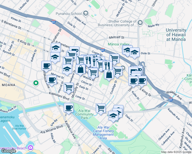 map of restaurants, bars, coffee shops, grocery stores, and more near 2135 Waiola Street in Honolulu