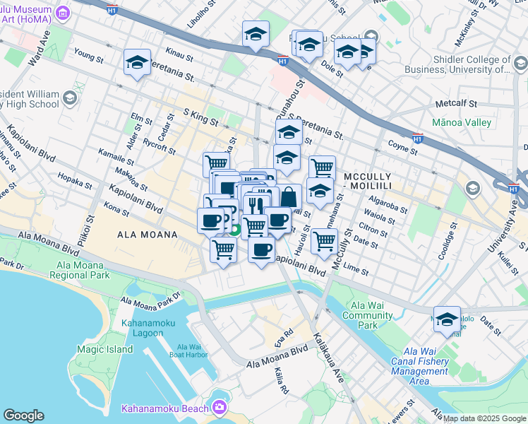 map of restaurants, bars, coffee shops, grocery stores, and more near 1670 Kalakaua Avenue in Honolulu