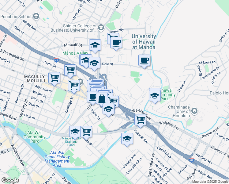map of restaurants, bars, coffee shops, grocery stores, and more near 2724 Kolo Place in Honolulu