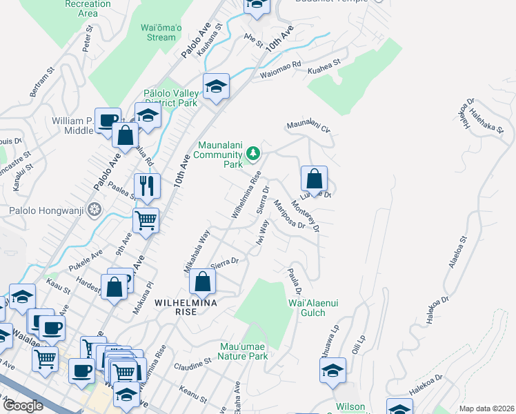 map of restaurants, bars, coffee shops, grocery stores, and more near 1901 Iwi Way in Honolulu