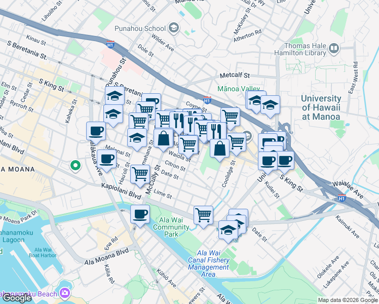 map of restaurants, bars, coffee shops, grocery stores, and more near 2135 Waiola Street in Honolulu