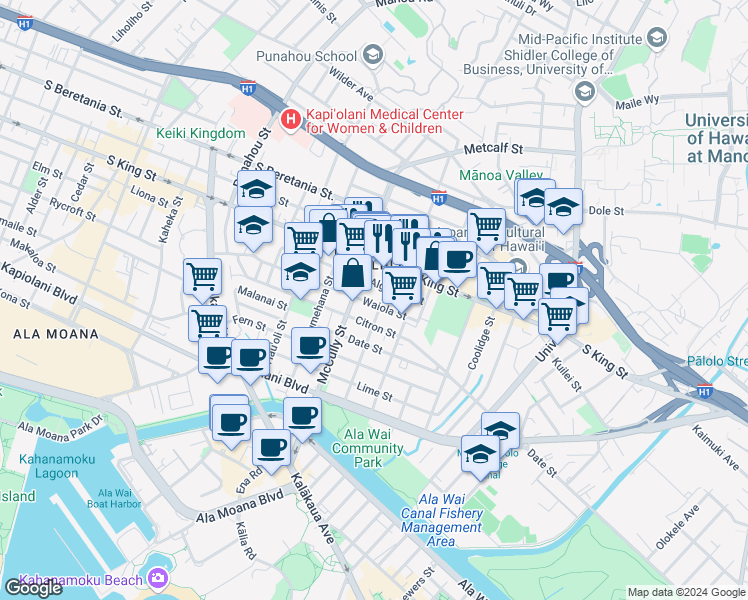 map of restaurants, bars, coffee shops, grocery stores, and more near 836 Wiliwili Street in Honolulu