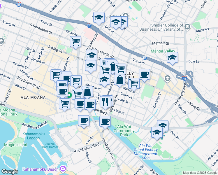 map of restaurants, bars, coffee shops, grocery stores, and more near 810 Pumehana Street in Honolulu