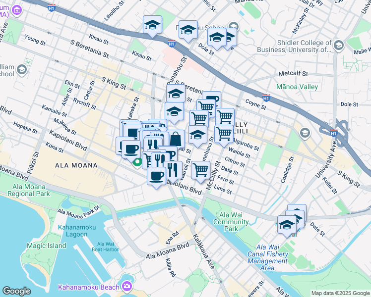 map of restaurants, bars, coffee shops, grocery stores, and more near 1743 Nanea Street in Honolulu