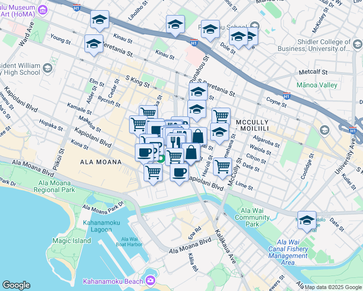 map of restaurants, bars, coffee shops, grocery stores, and more near in Honolulu