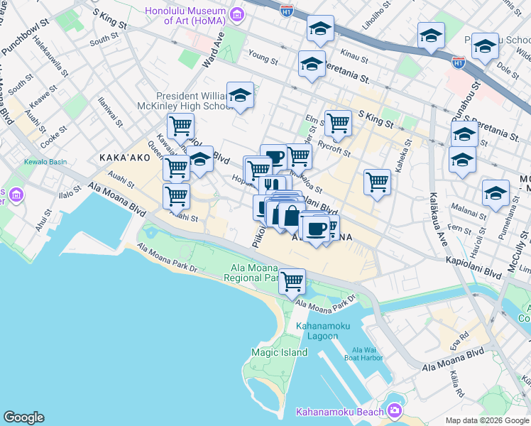 map of restaurants, bars, coffee shops, grocery stores, and more near Piikoi St & Waimanu St in Honolulu