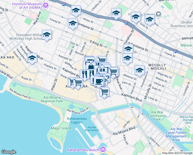 map of restaurants, bars, coffee shops, grocery stores, and more near 1560 Kapiolani Boulevard in Honolulu