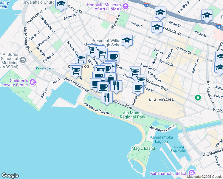 map of restaurants, bars, coffee shops, grocery stores, and more near 1240 Ala Moana Boulevard in Honolulu
